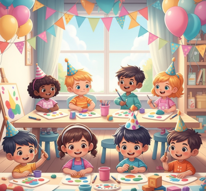 Groupe d'enfants en fête, peignant avec des ballons et des guirlandes colorées.