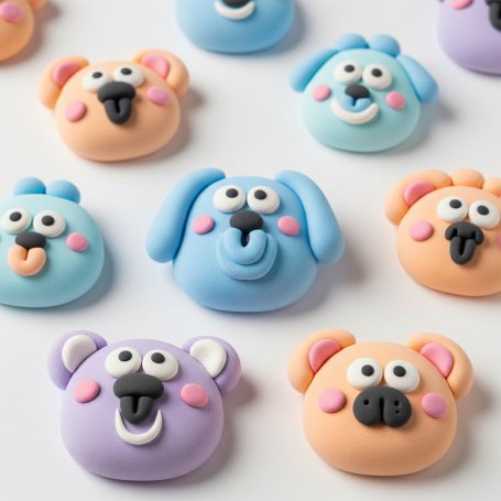 Visages souriants d'animaux en pâte à modeler, colorés et joyeux.